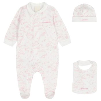Baby Girls White & Pink Toile de Jouy Babygrow Gift Set