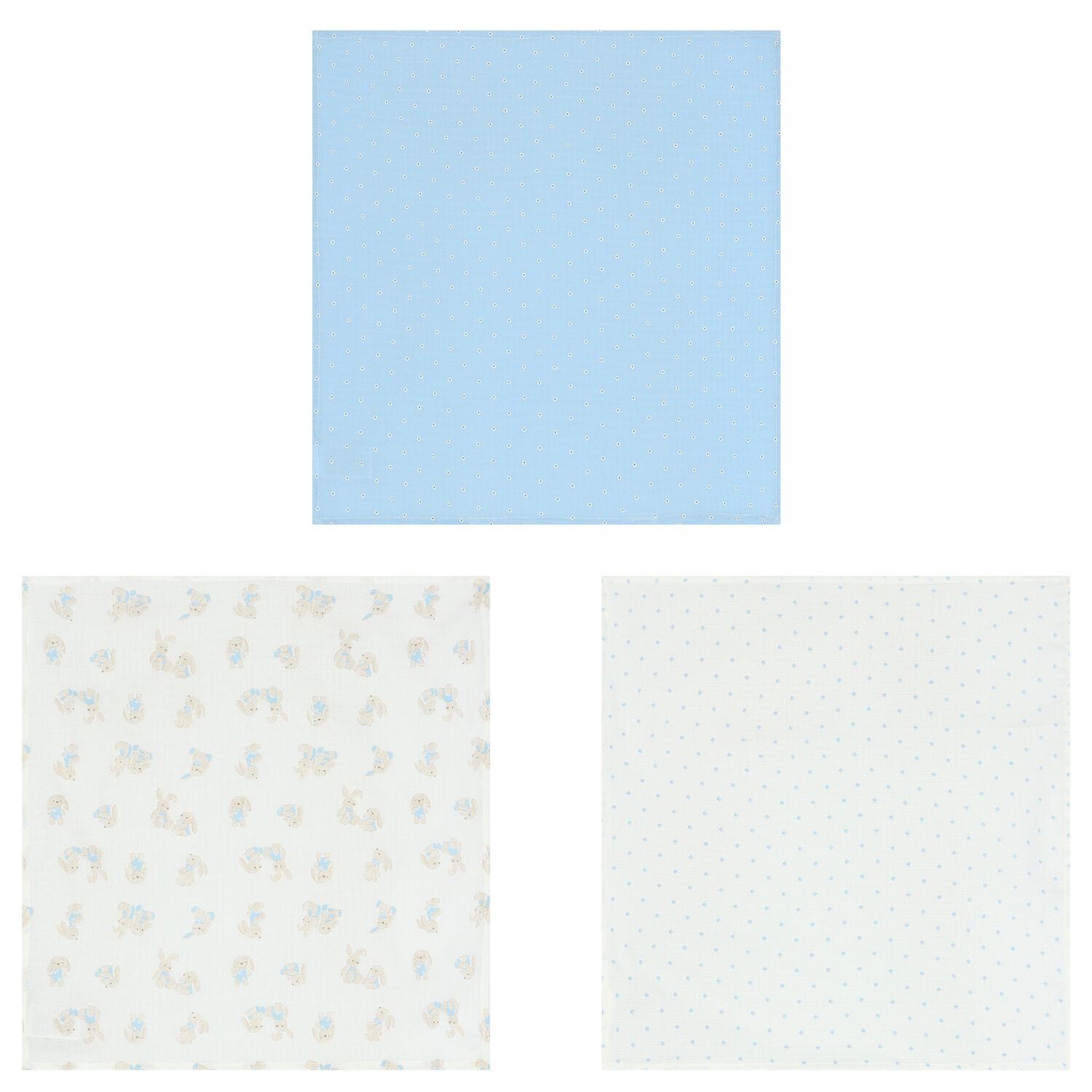 Baby Boys White, Ivory & Blue Muslin Swaddles (3-Pack), 1, hi-res