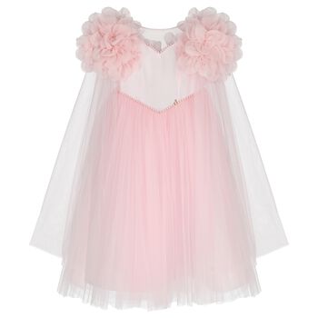 Girls Pink Organza Floral & Tulle Cape Dress