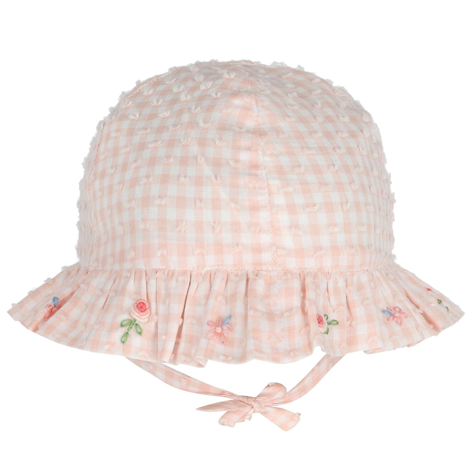 Baby Girls Pink Floral Gingham Hat, 1, hi-res