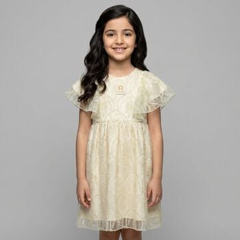 Girls Ivory & Gold Logo Embroidered Dress