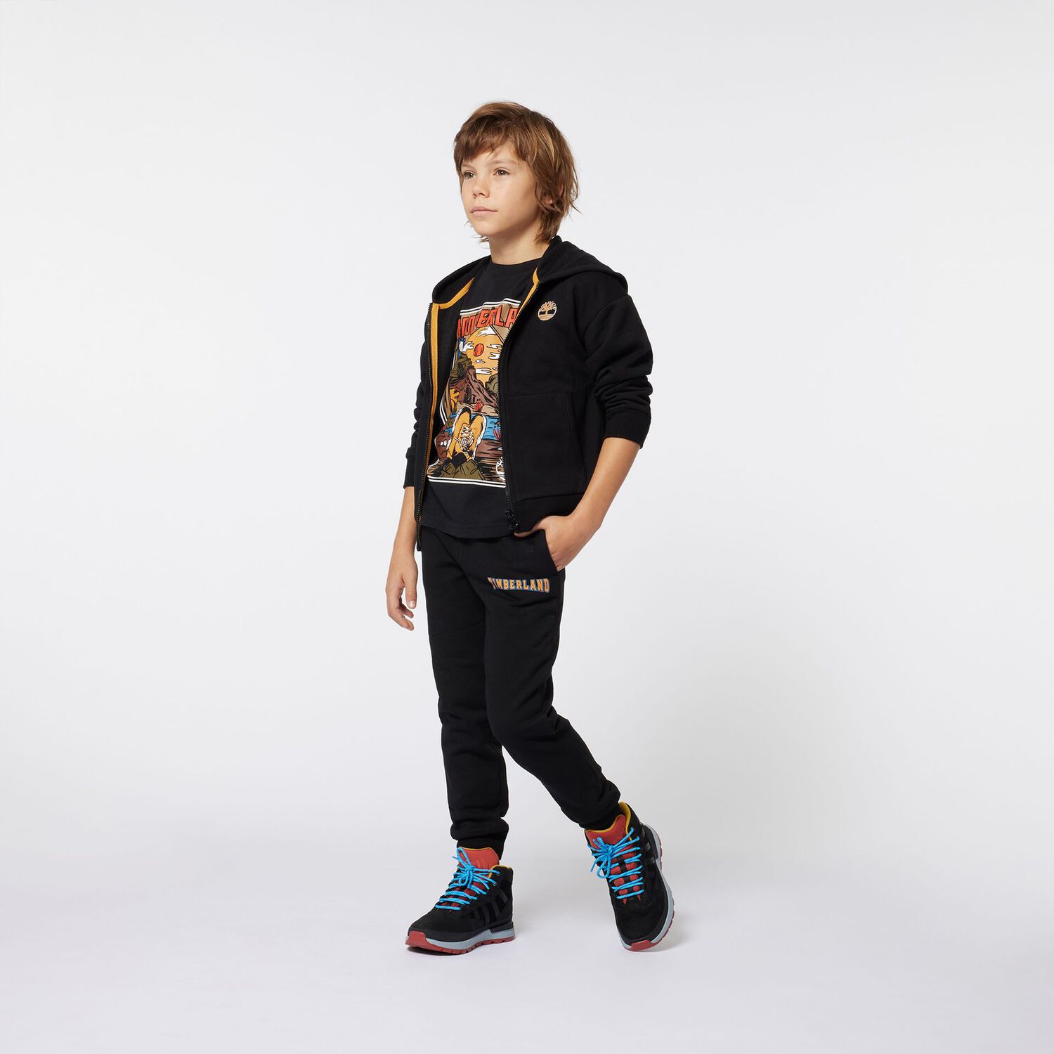 Boys Black Logo Hooded Zip Up Top, 1, hi-res