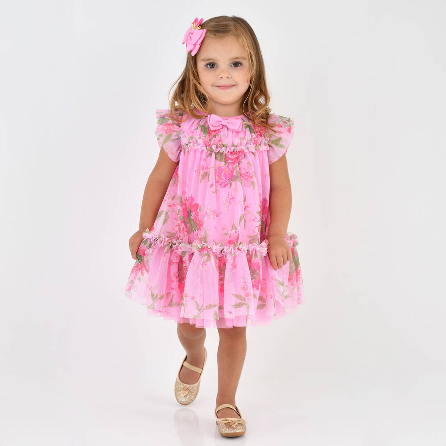 Baby Girls Pink Floral Tulle Dress, 2, hi-res