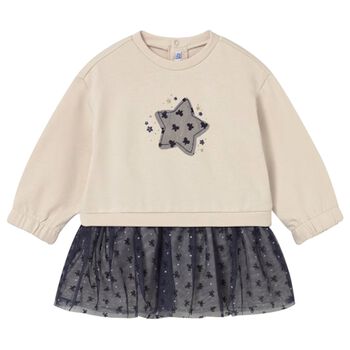 Younger Girls Beige & Navy Blue Star Dress