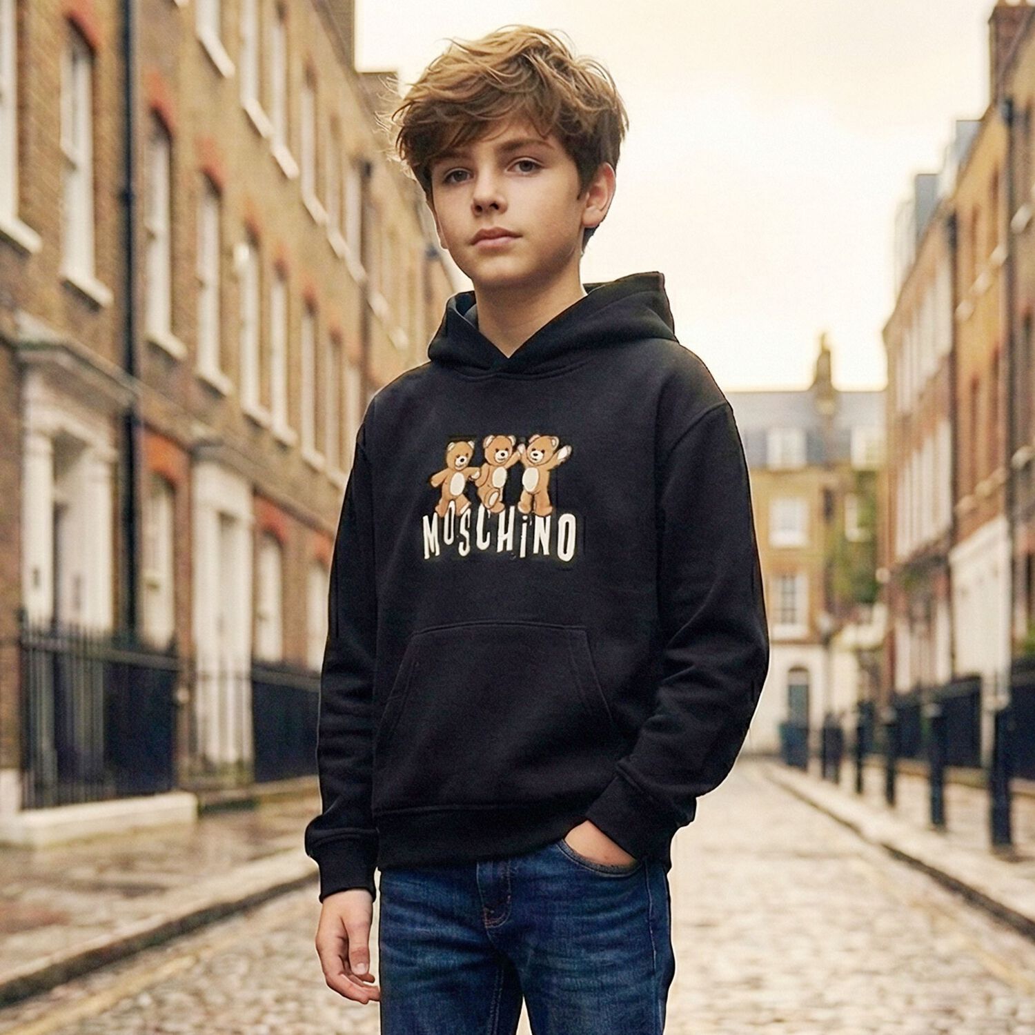 هودي بغطاء رأس بالشعار بتصميم الدب تيدي باللون الاسود, 2, hi-res