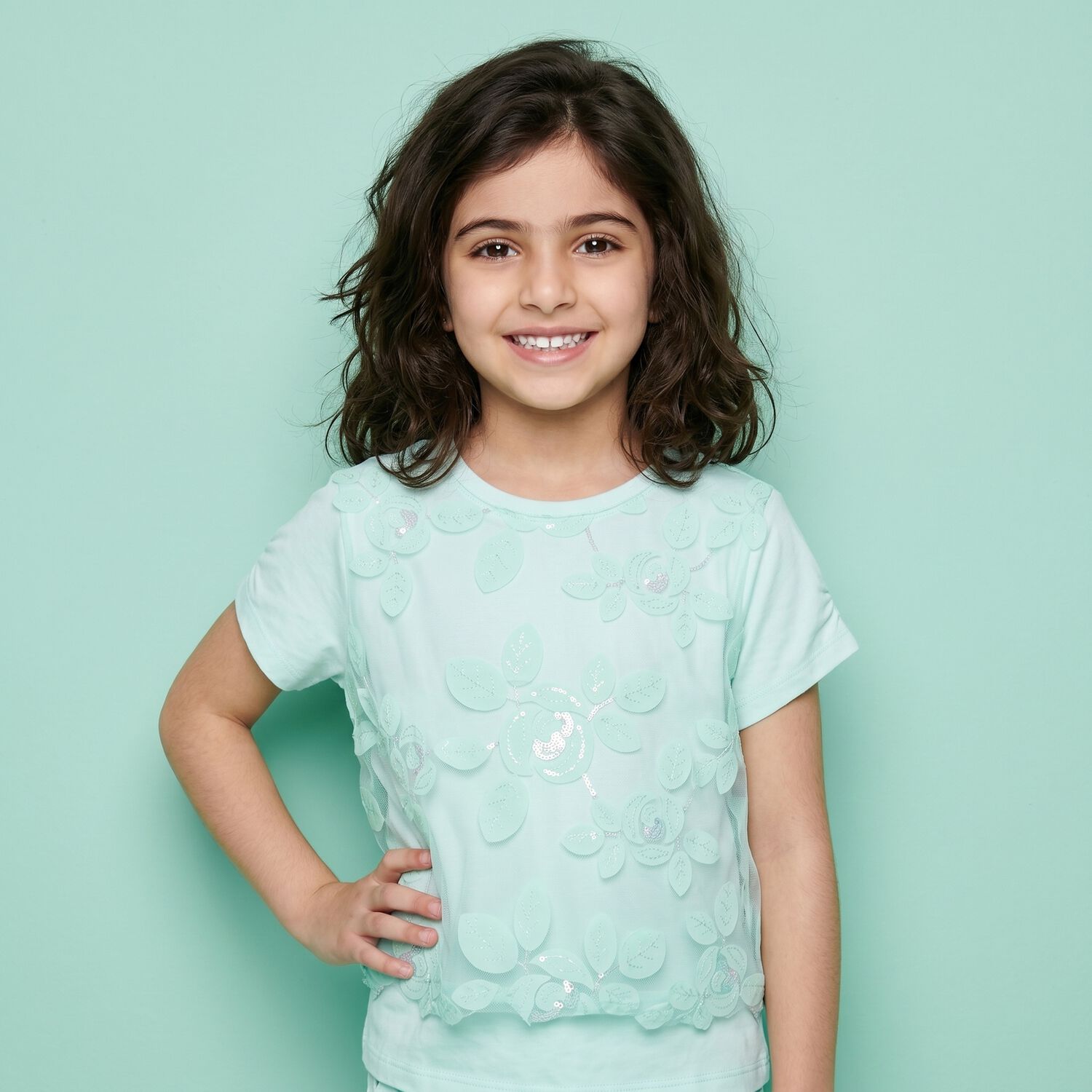 Girls Green Sequin Tulle Top, 1, hi-res