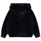 Girls Black Fluffy Knit Hooded Zip Up Top, 1, hi-res