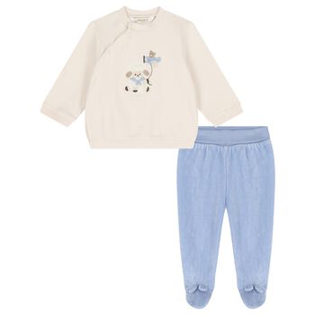 Baby Boys Beige & Blue Sheep & Teddy Bear 2 Piece Babygrow