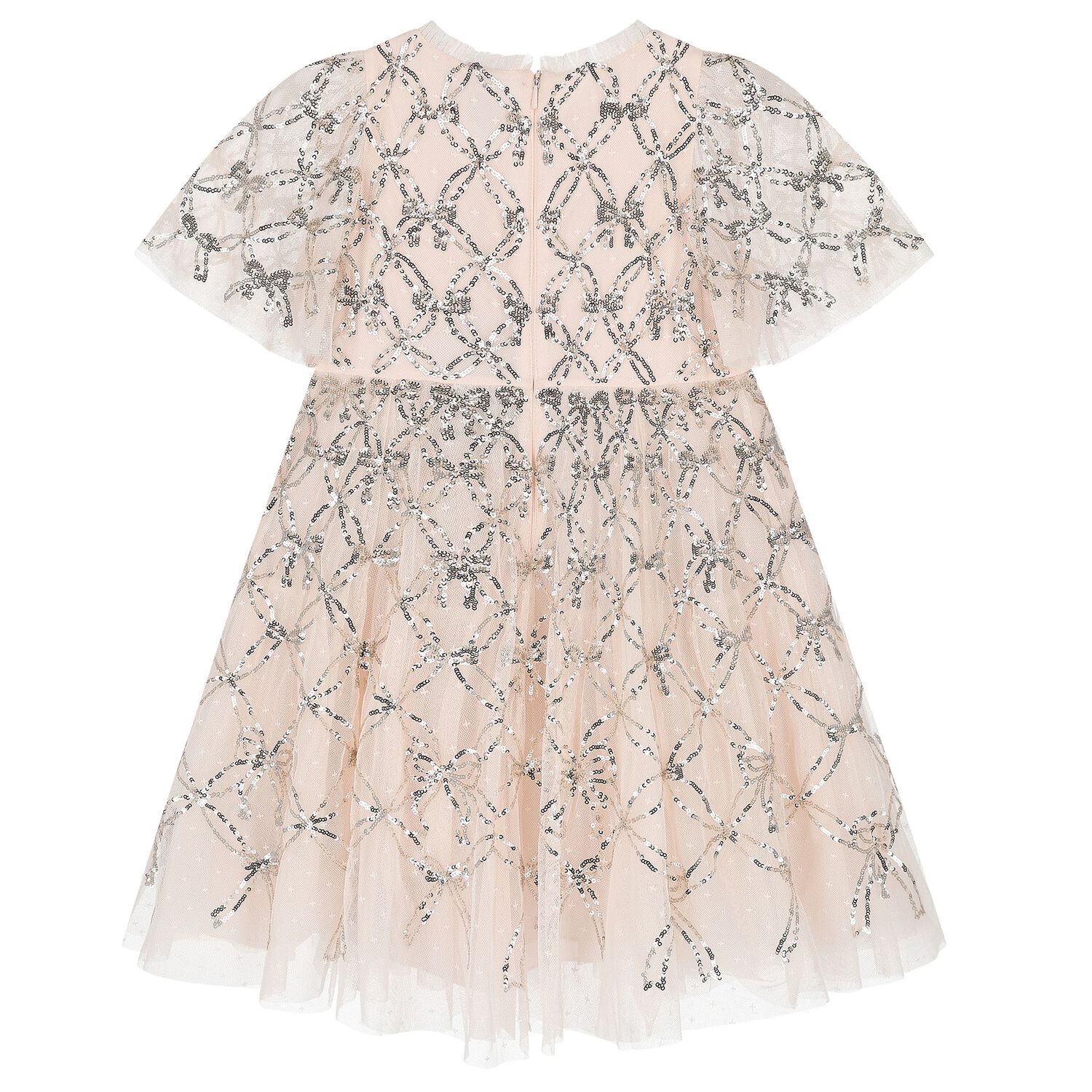فستان من التول بالترتر الشبكي بفيونكة للبنات باللون الوردي, 2, hi-res