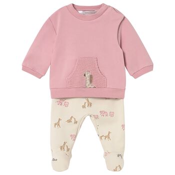 Baby Girls Pink & Beige Safari Animal 2 Piece Babygrow