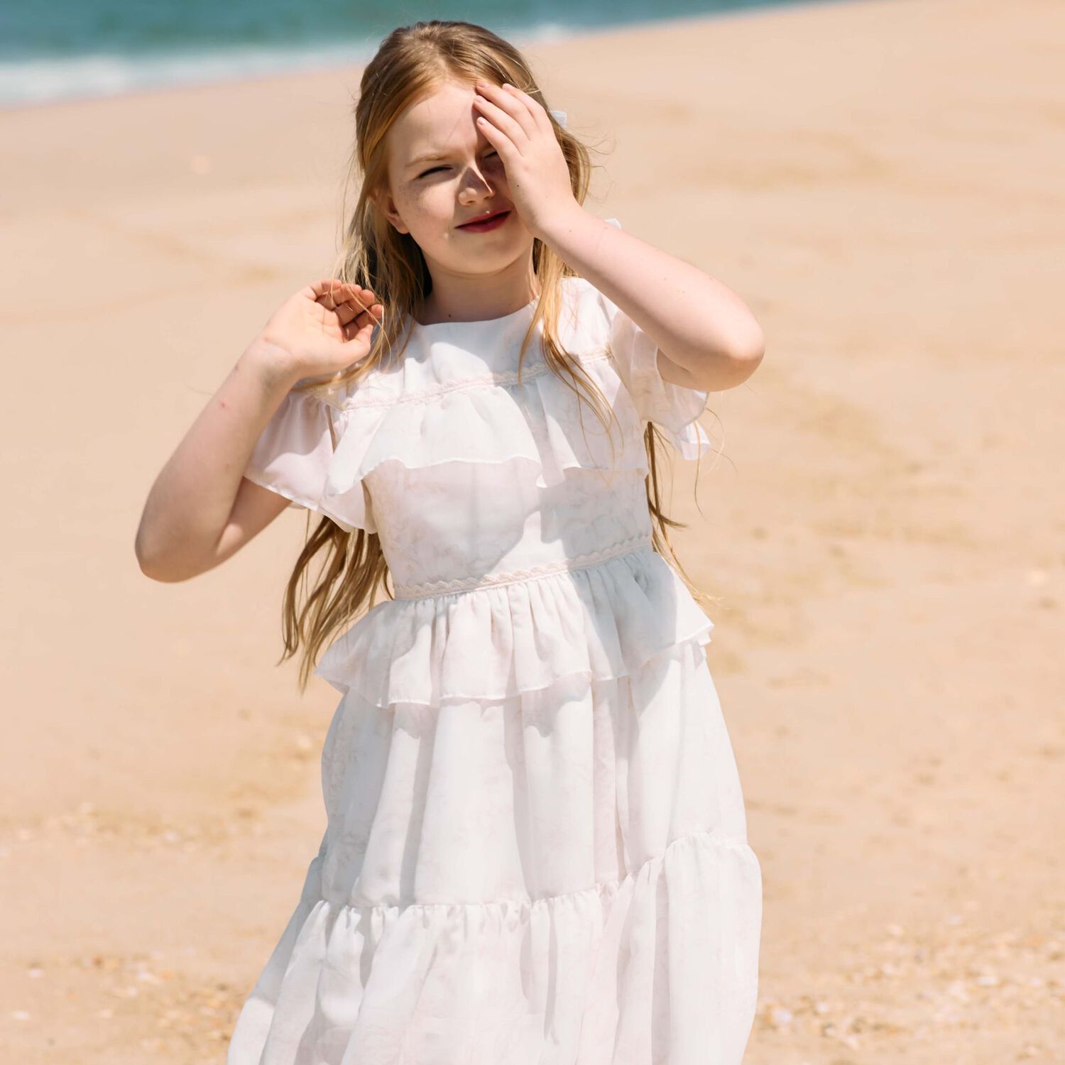 Girls Ivory Floral Tiered Dress, 1, hi-res