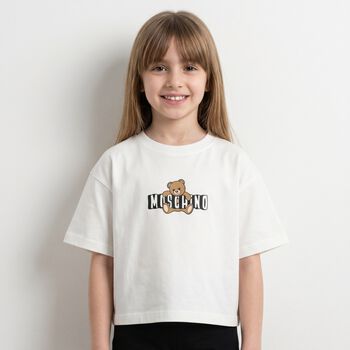 Girls White Teddy Bear Logo T-Shirt