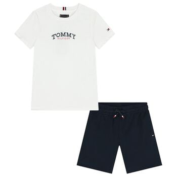 Boys White & Navy Blue Shorts Set