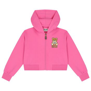 Girls Pink Teddy Bear Logo Hooded Zip Up Top