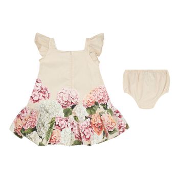 Baby Girls Beige Floral Striped Dress Set