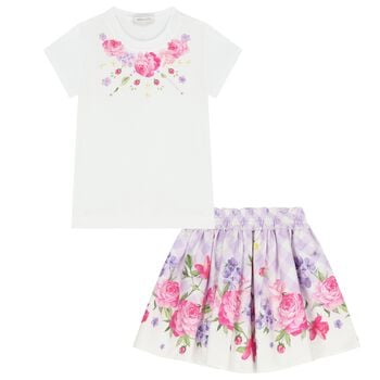 Girls White & Lilac Floral Skirt Set