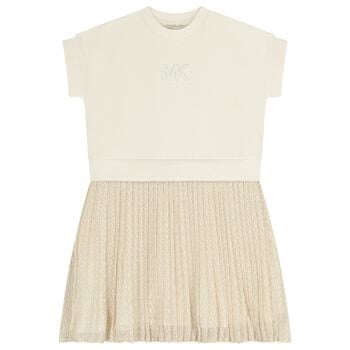 Girls Beige Logo Pleated Dress