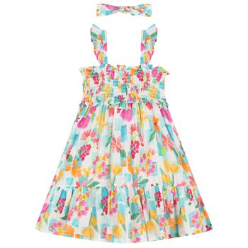 Girls White, Blue & Pink Floral Dress Set