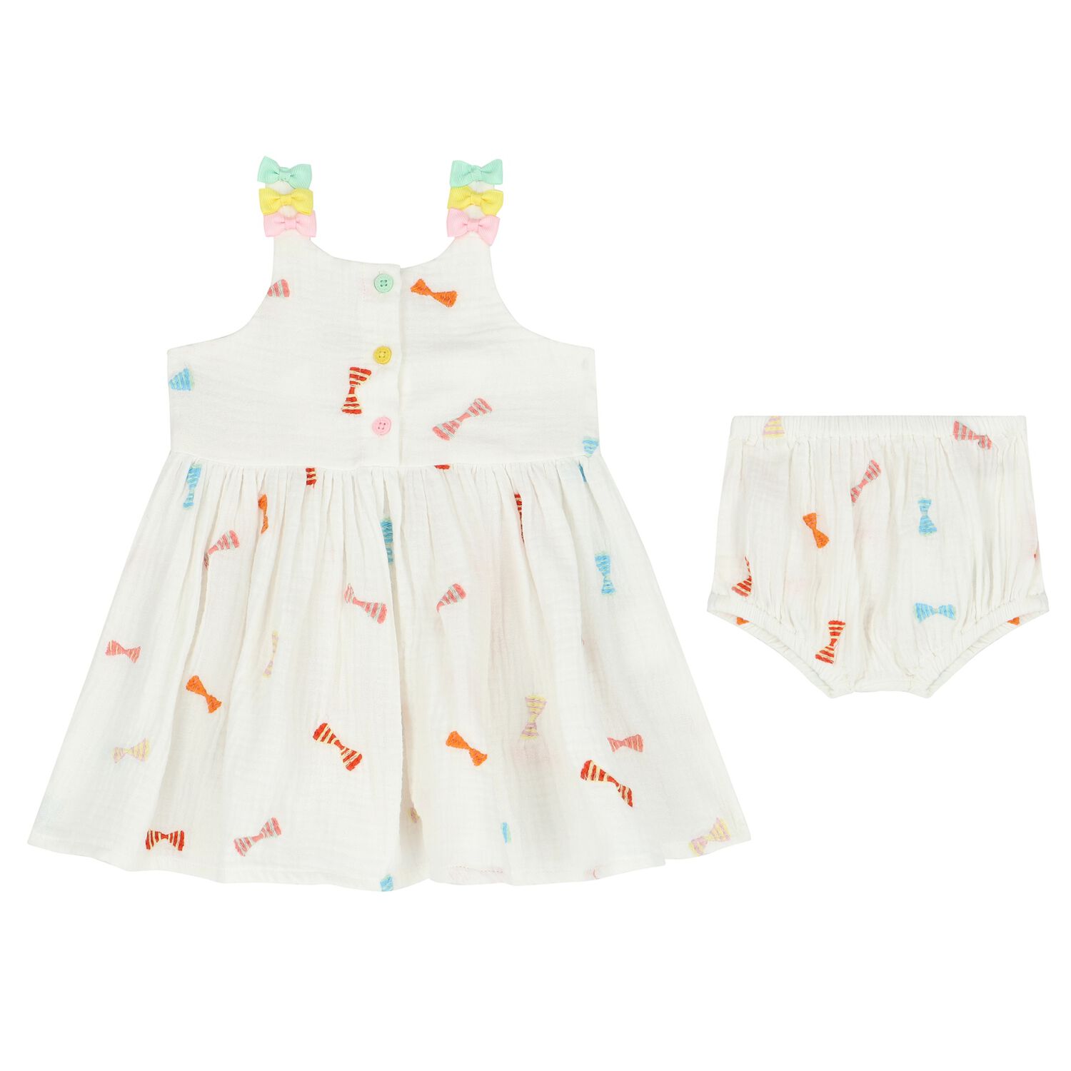 Younger Girls White Embroidered Bow Dress Set, 1, hi-res