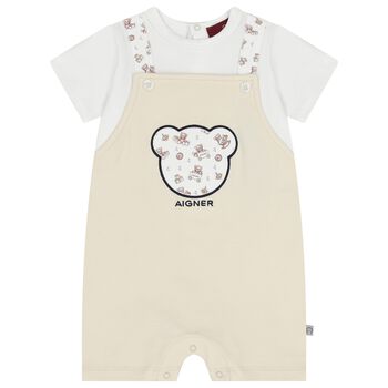 Baby Boys White & Beige Teddy Bear Romper