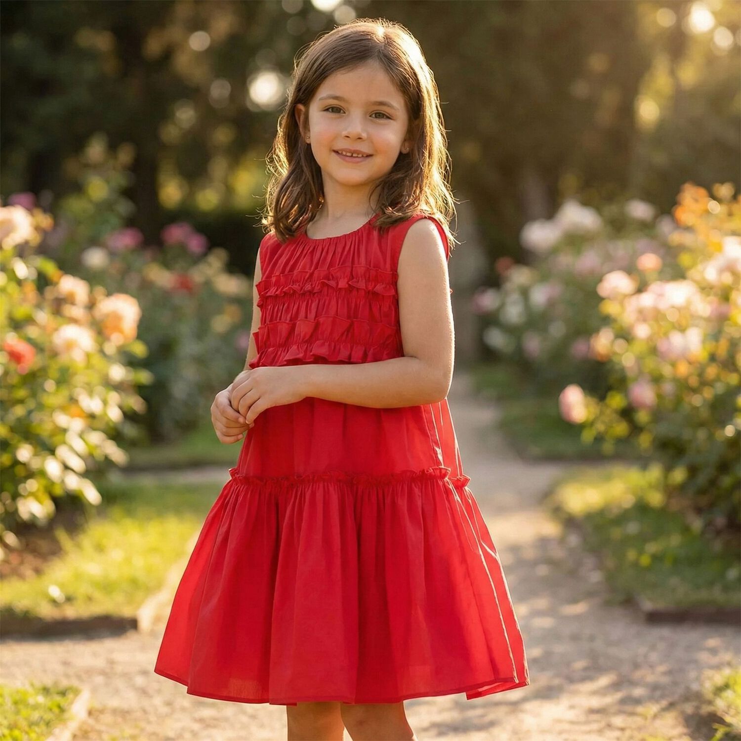 Girls Red Poplin Ruffle Dress, 3, hi-res
