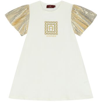 Girls Ivory & Gold Logo Dress