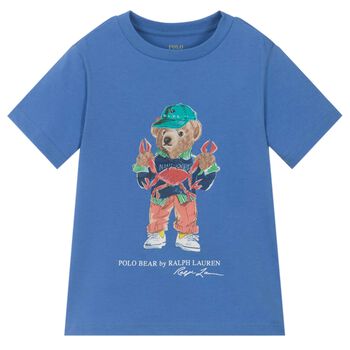 Boys Blue Cotton Polo Bear & Crab T-Shirt