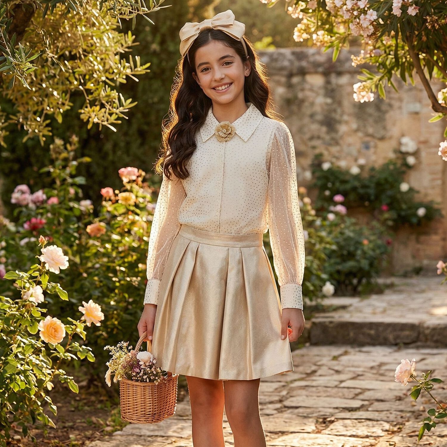 Girls Ivory & Gold Embellished Skirt Set, 1, hi-res