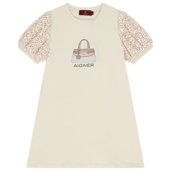 Girls Ivory Bag Logo Dress