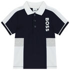 Younger Boys Navy Blue & White Logo Polo Shirt, 1, hi-res