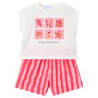 Girls White & Pink Striped Shorts Set, 1, hi-res