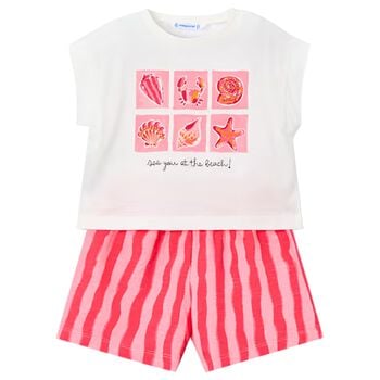 طقم شورت للبنات مخطط باللون الابيض والوردي 