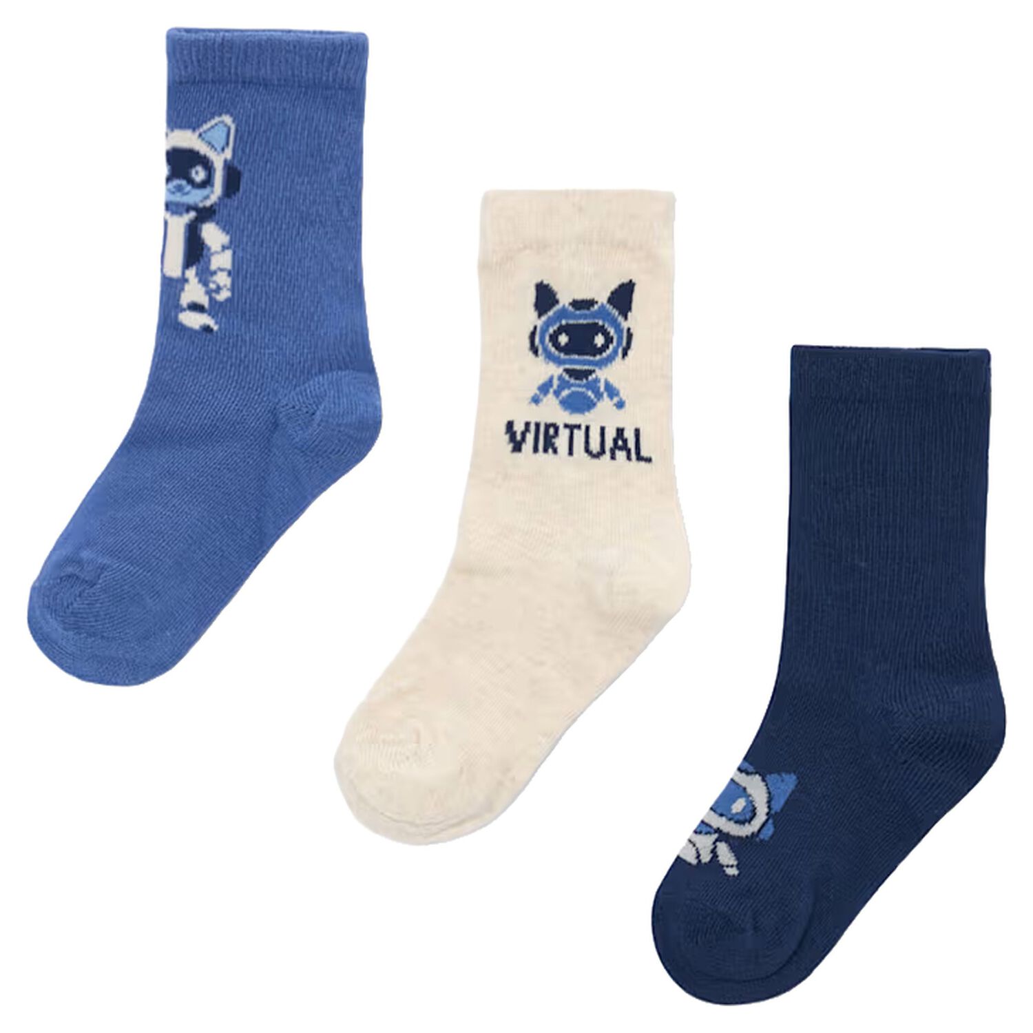 Boys Blue, Ivory & Navy Blue Robot Socks ( 3-Pack ) , 1, hi-res