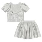 Girls Silver Metallic Bow Skirt Set, 1, hi-res