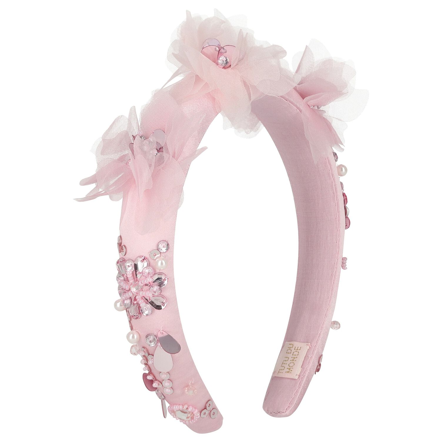 Girls Pink Flower Satin Headband, 1, hi-res