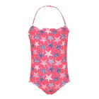 Girls Neon Pink Starfish Ruched Swimsuit, 1, hi-res