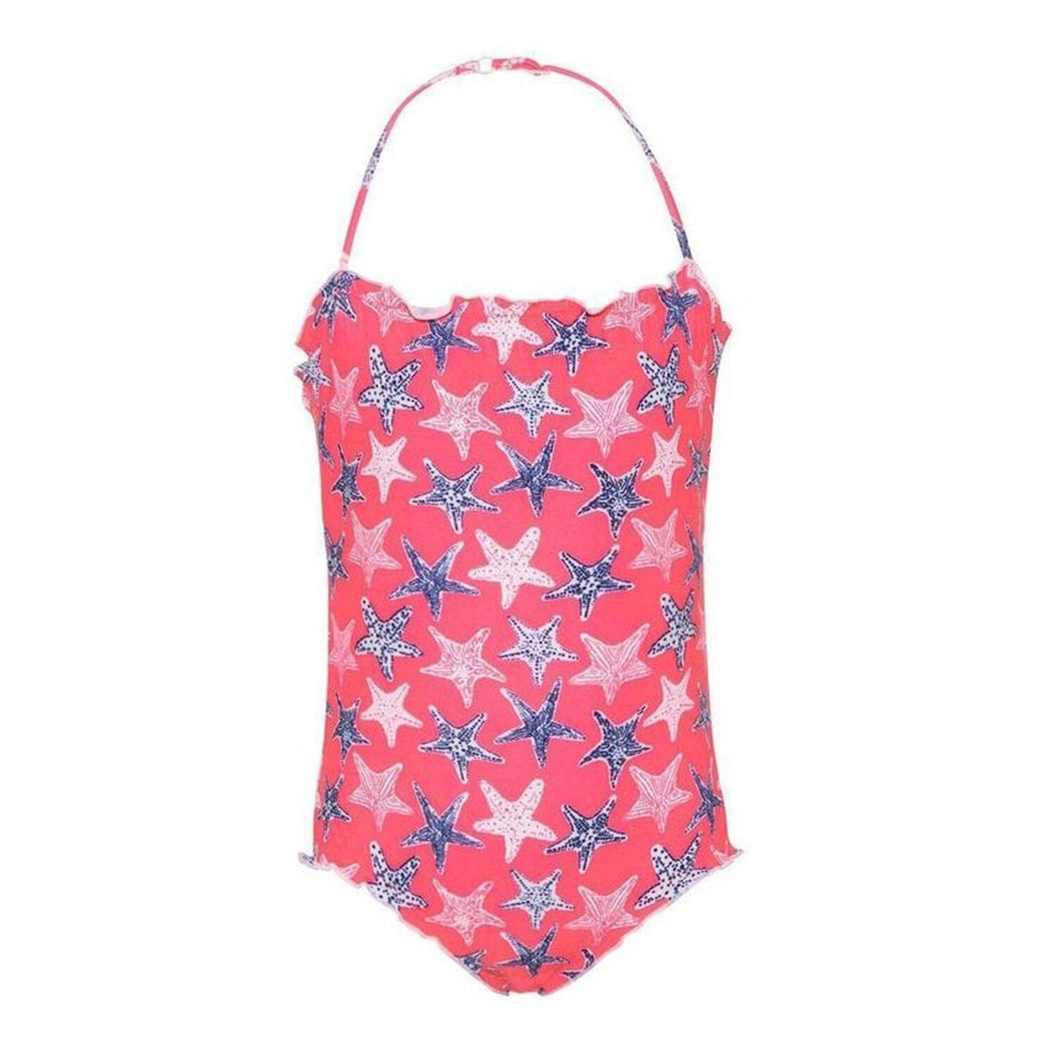 Girls Neon Pink Starfish Ruched Swimsuit, 1, hi-res