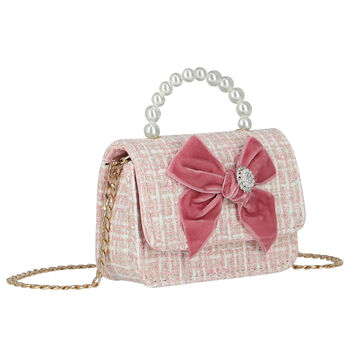 Girls Ivory & Pink Tweed Bow Bag
