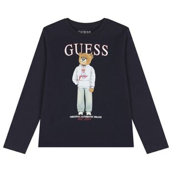 Boys Navy Blue Teddy Bear Logo Long Sleeve Top