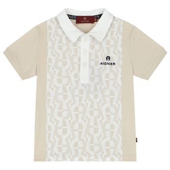 Younger Boys White & Beige Logo Polo Shirt