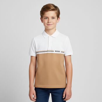 Boys White & Beige Logo Polo Shirt, 2 Boys White & Beige Logo Polo Shirt