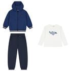 Boys White, Blue & Navy Blue Racing Car Tracksuit ( 3 Piece ), 2, hi-res