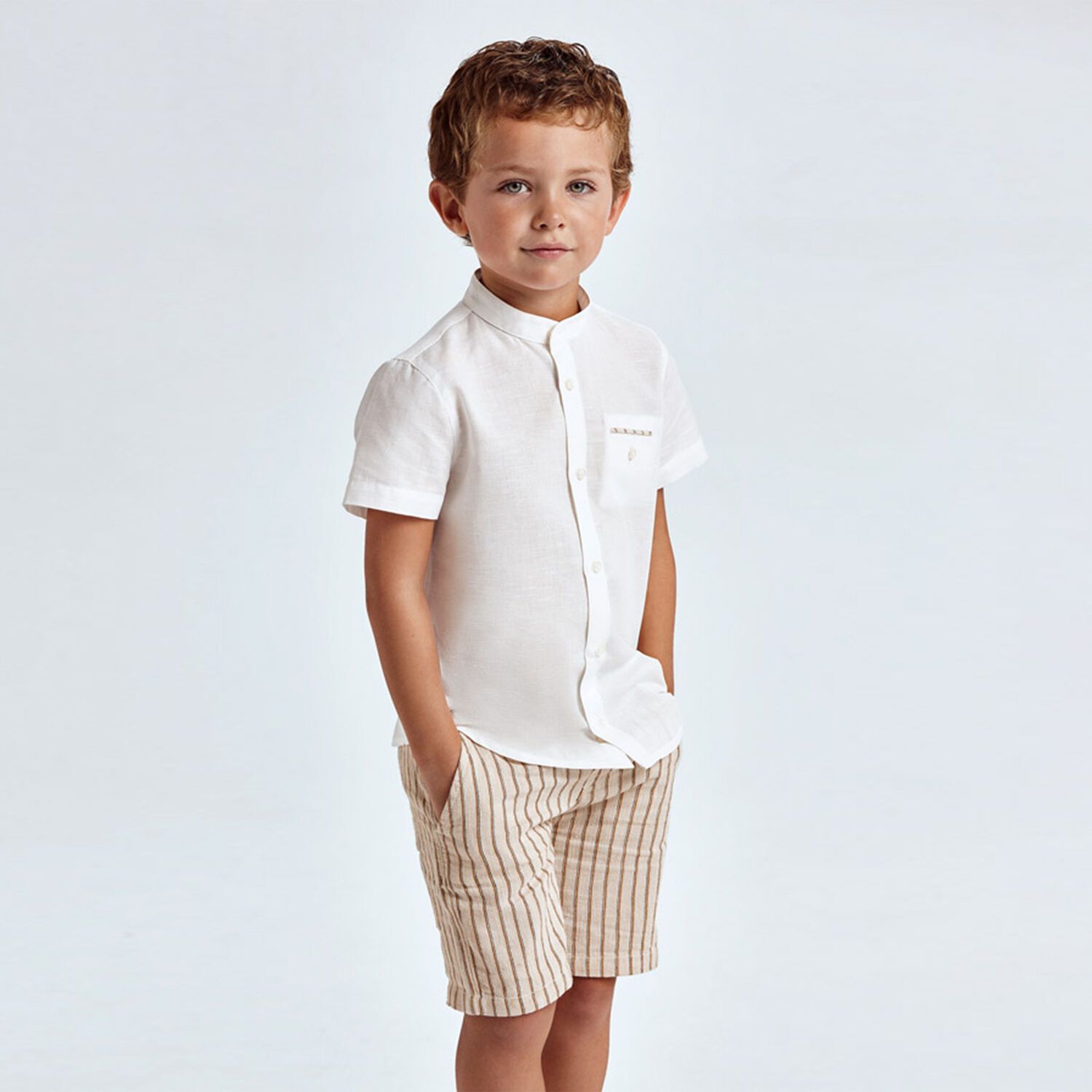 Boys White & Beige Shorts Set, 1, hi-res
