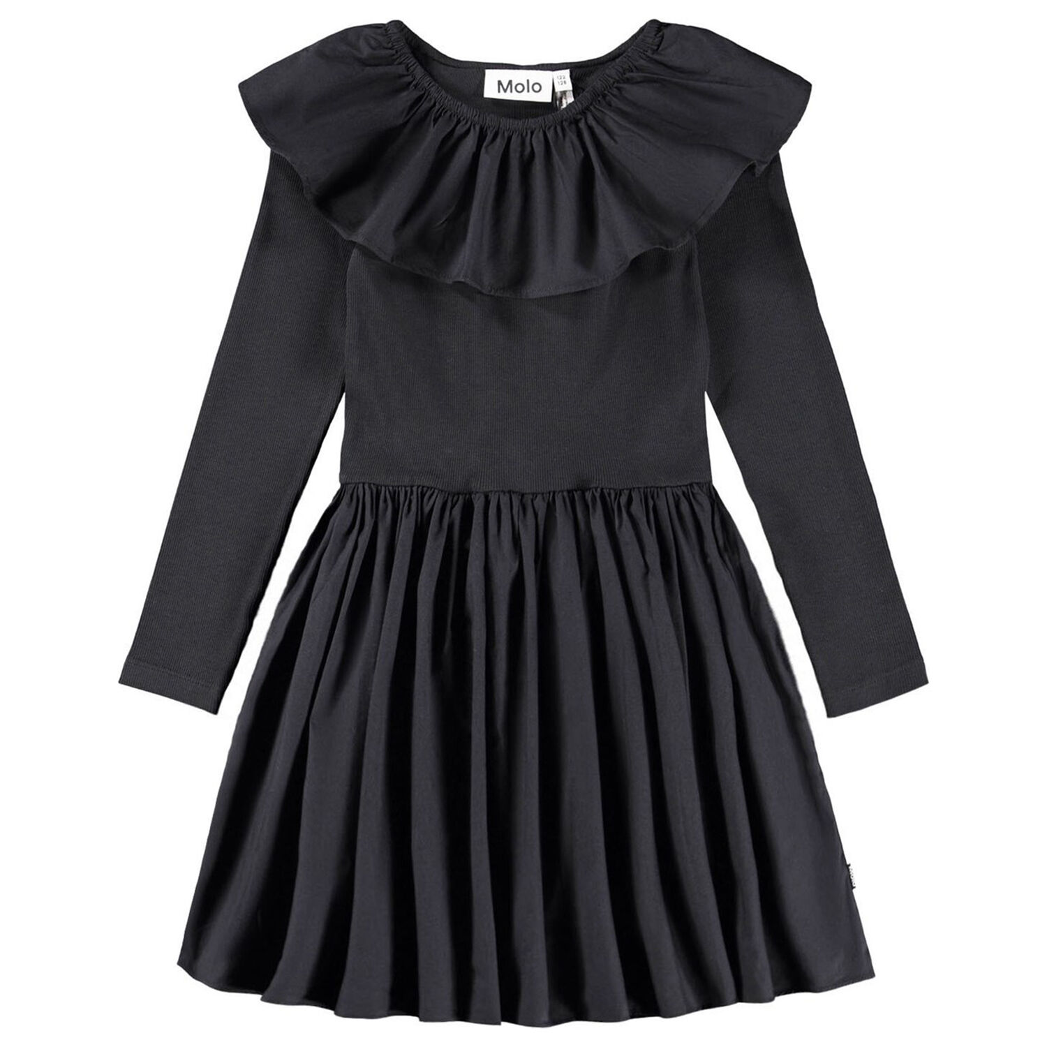 Girls Black Ruffled Long Sleeve Dress, 2, hi-res