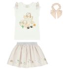 Girls White & Beige Striped Skirt Set, 3, hi-res