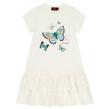 Girls Ivory Butterflies Logo Dress