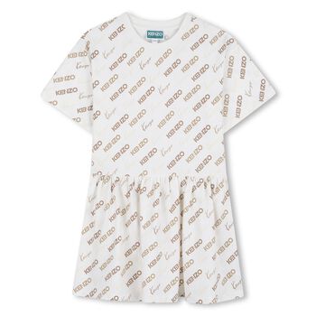 Girls Ivory & Beige Logo Dress