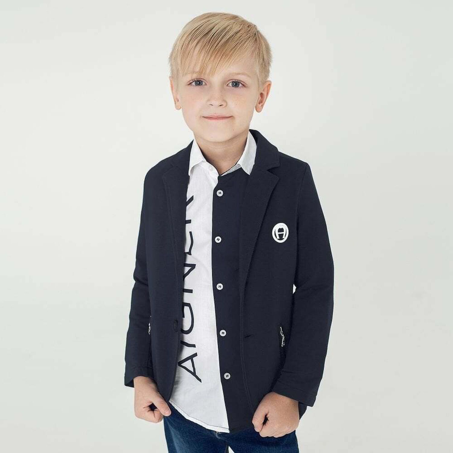 Boys Navy Blue logo Blazer, 1, hi-res image number null