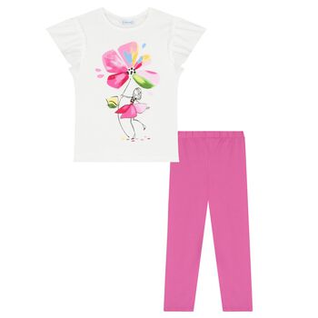 Girls White & Pink Floral Leggings Set