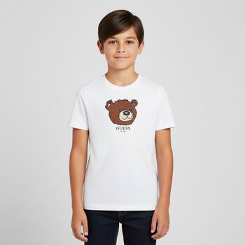 تي شيرت أبيض بشعار دب تيدي للأولاد